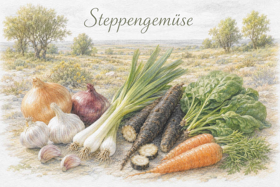 Steppengemüse-Arten, Zwiebeln, Möhren, Spinat Symbolbild