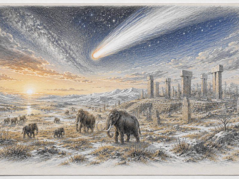 Komet am Himmel, im Vordergrud Mammut-Herde