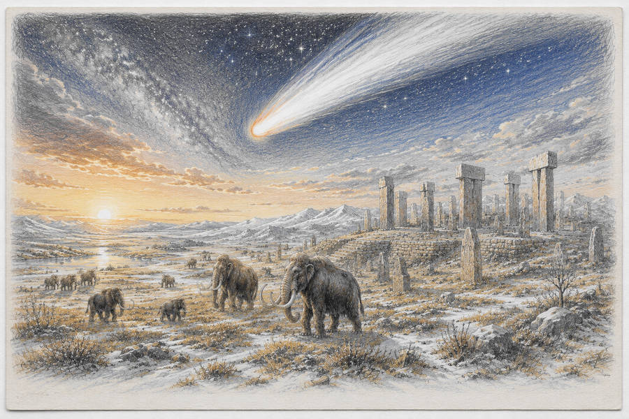 Komet am Himmel, im Vordergrud Mammut-Herde