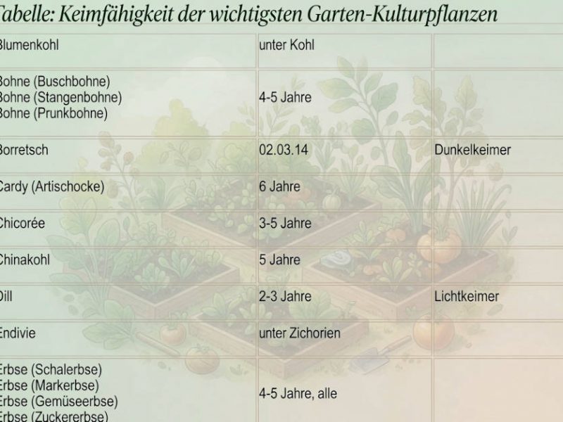 Tabelle der Keimfähigkeit von Samen