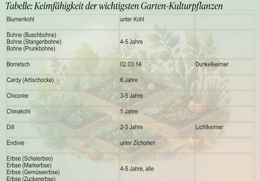 Tabelle der Keimfähigkeit von Samen