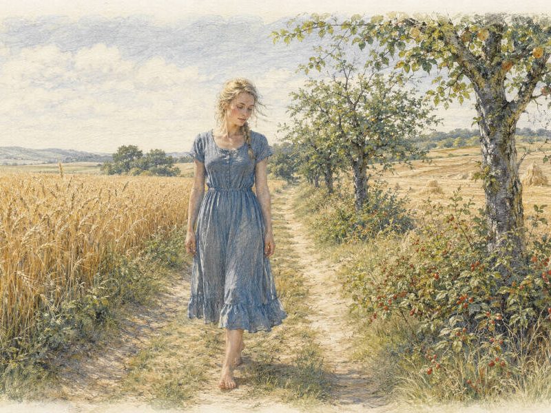 Frau geht einen Feldweg entlang