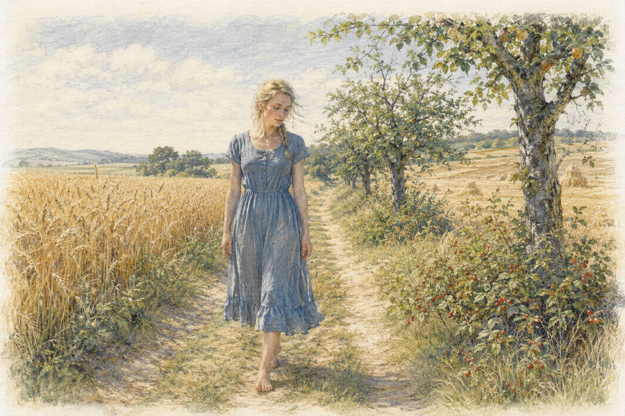 Frau geht einen Feldweg entlang