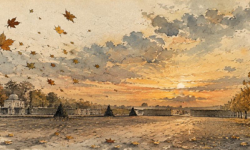 Herbstlandschaft und treibende Blätter im Herbstwind