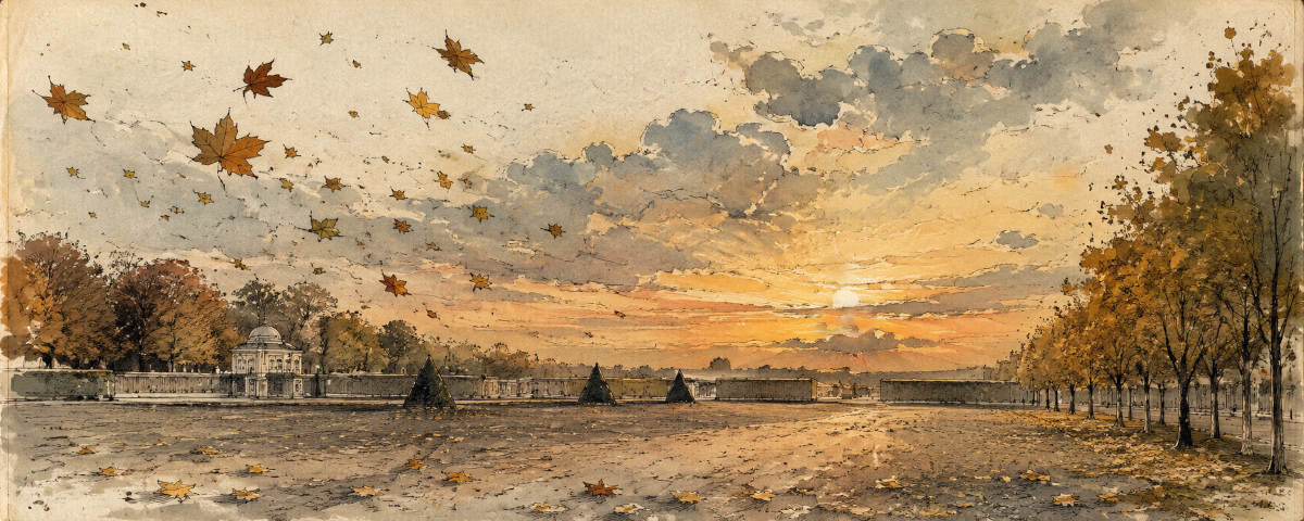 Herbstlandschaft und treibende Blätter im Herbstwind