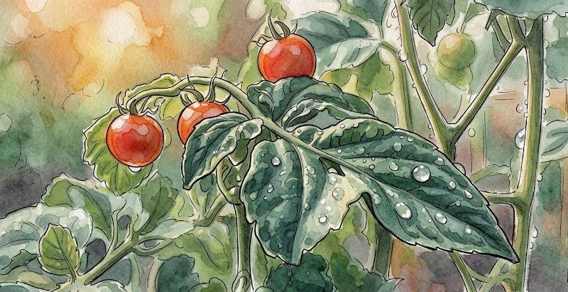 Tomatennpflanze mit Tautropfen
