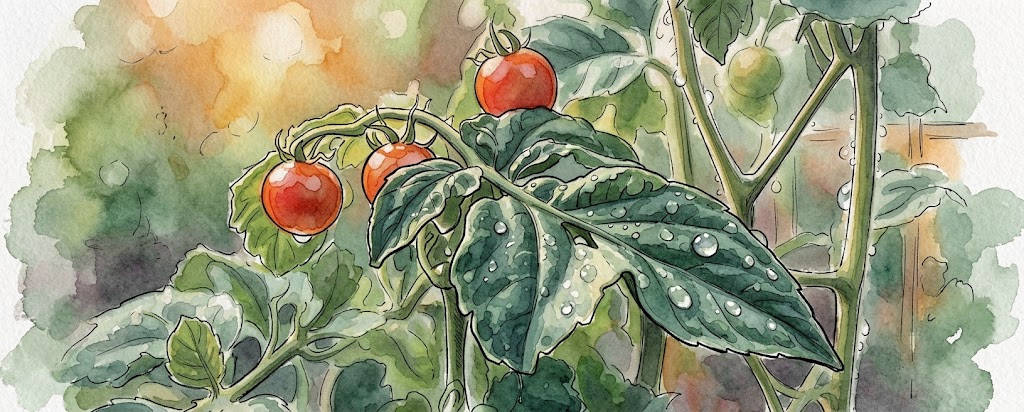 Tomatennpflanze mit Tautropfen