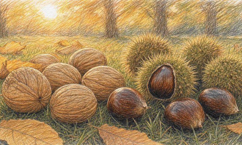 Walnüsse und Edelkastanien auf herbstlicher Wiese