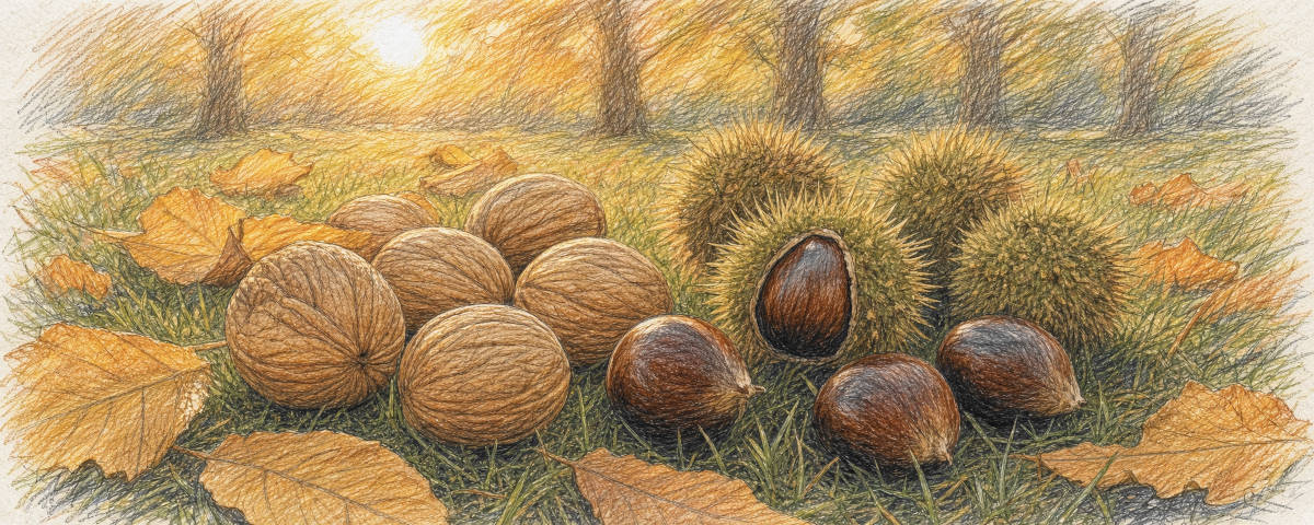 Walnüsse und Edelkastanien auf herbstlicher Wiese