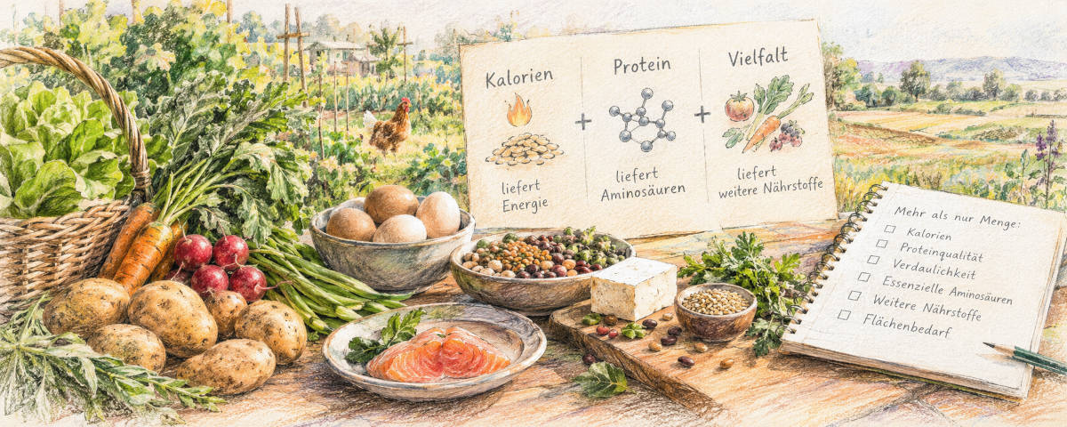 Ernten aus dem Garten, dazu Eier und Fisch